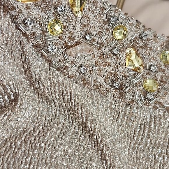 R&M Richards gold metallic sleeveless beaded floor-length formal gown dress 8 - Picture 5 of 8